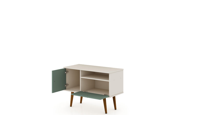 Meuble pour téléviseur Tribeca de Manhattan Comfort de 35,43 po de style moderne du milieu du 20e siècle avec pattes en bois massif - blanc cassé et vert menthe