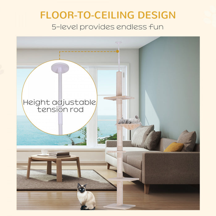 Pawhut 8.5ft Chat Escalade Arbre 5 Niveaux Centre D'activites Du Sol Au Plafond Chat Grimpeur Jouet Avec Grattoir Jouer Repos Post Meubles Pour Animaux De Compagnie Beige
