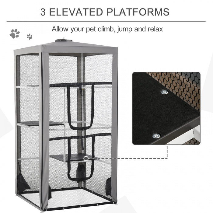 Pawhut Grand Enclos Exterieur Pour Chat Chaton Maison Cage Interieure Chenil Pour Animaux De Compagnie Parc Avec 3 Plateformes Porte 4 Sacs De Sable 39\" X 39\" X 79\"