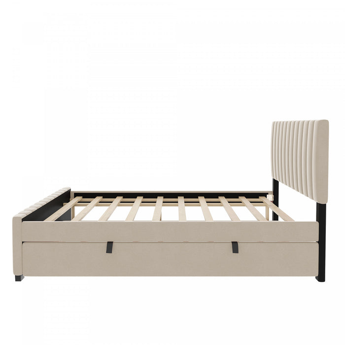 Lit plateforme Ethan rembourre en velours, gain de place, avec tiroir gigogne, taille full, beige