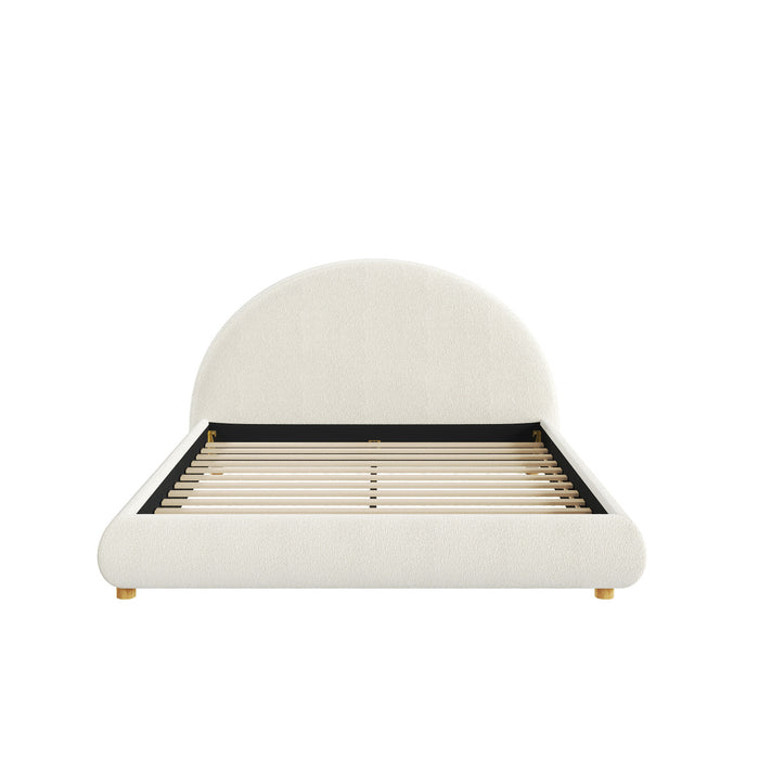 Lit plateforme Harold avec tete de lit incurvee ronde en tapisserie bouclee et cadre bas, taille Queen, blanc