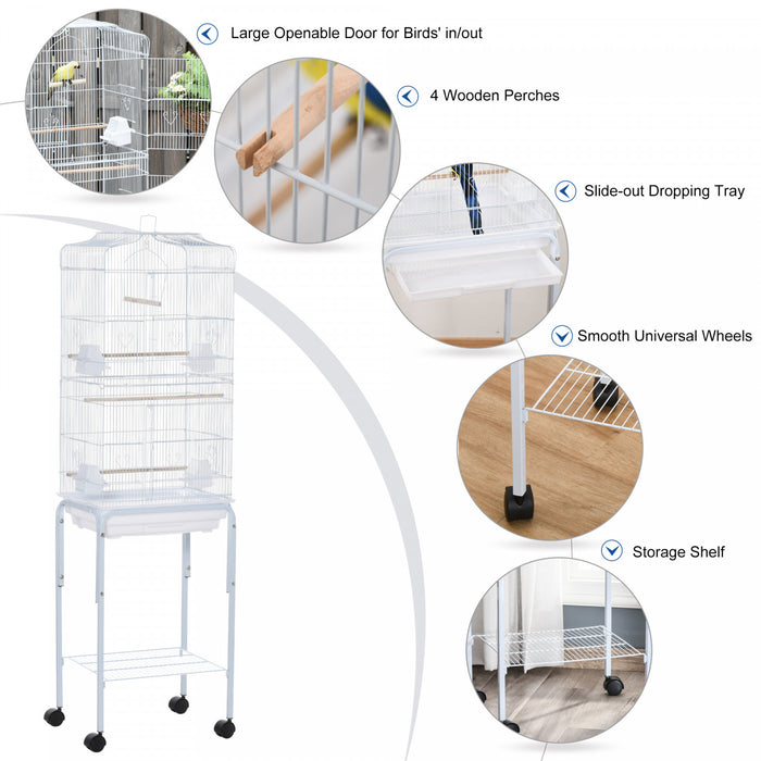 Pawhut 62\" Cage Pour Oiseaux Cacatoes Maison De Jeu Pinson Fournitures Pour Animaux Avec Roues Blanches
