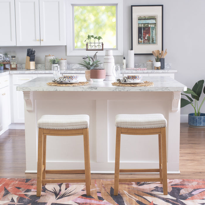 Tabouret Claridge de hauteur comptoir en tissu d’apparence lin et sans dossier - rayures rustiques