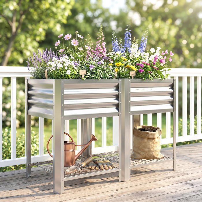 Outsunny Bac de Jardin Sureleve avec Etagere de Rangement 80 cm, Argente