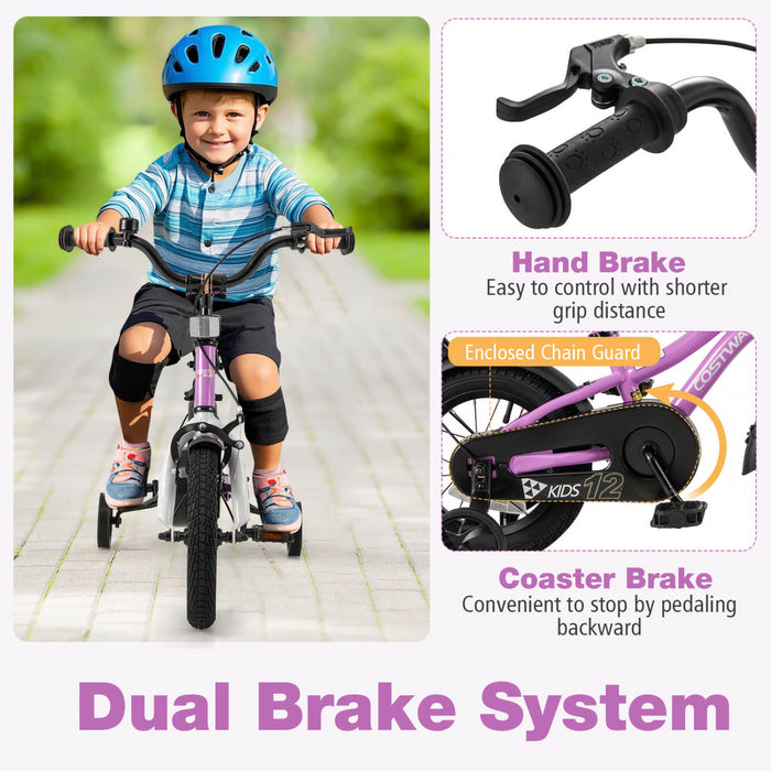 Costway 12\" Velo Pour Enfants Pour Garcons Et Filles De 3 A 4 Ans Avec Reflecteurs De Frein A Main Reglables Violet