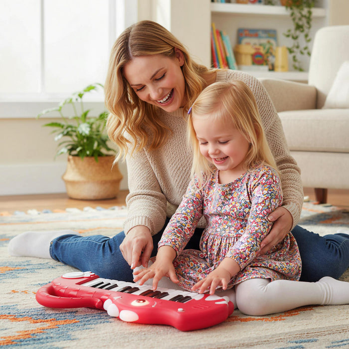 Costway Clavier de Piano pour Enfants 25 Touches en Forme de Dinosaure, Jouet Piano Numerique avec Musique et Lumieres Integrees - Rouge