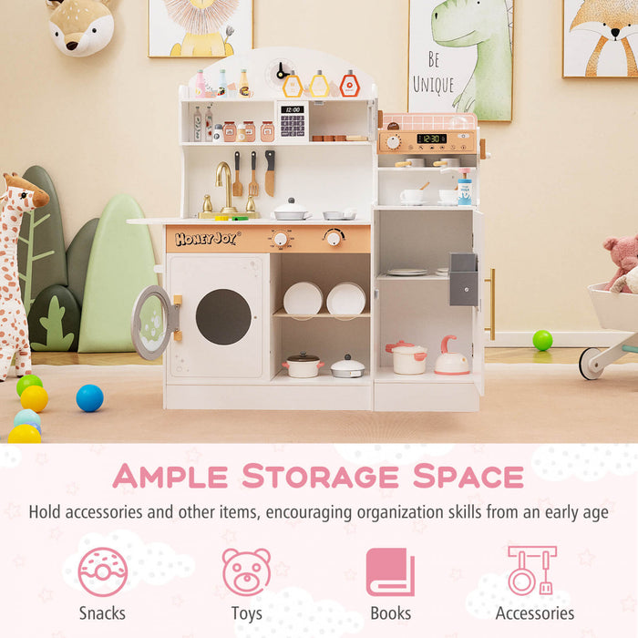 Honeyjoy Jeu De Cuisine Pour Enfants Jeu De Cuisine En Bois Avec Horloge, Micro-ondes, Evier, Plateau Blanc