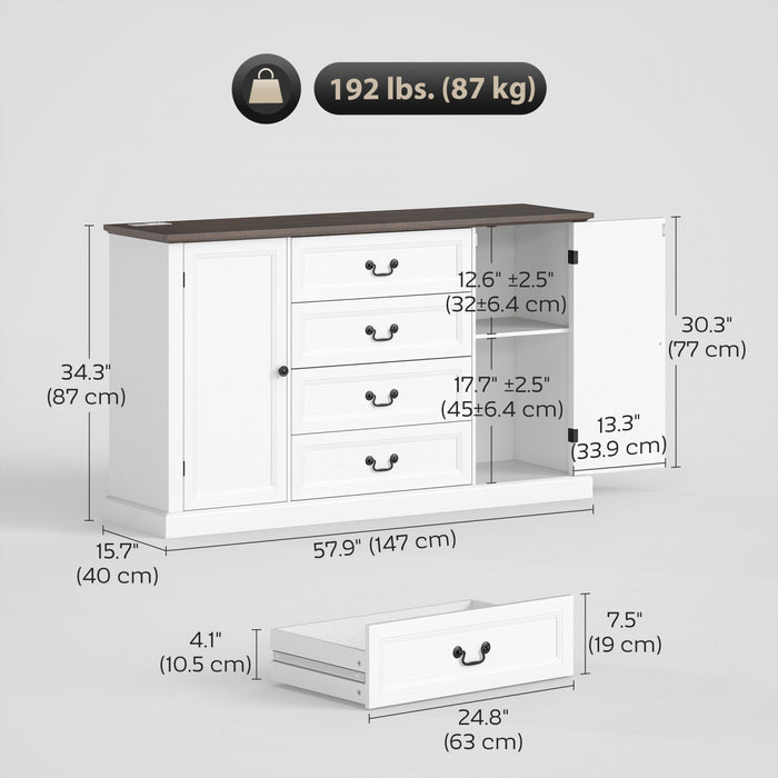 HOMCOM Buffet 58\" avec station de charge, grain de bois blanc
