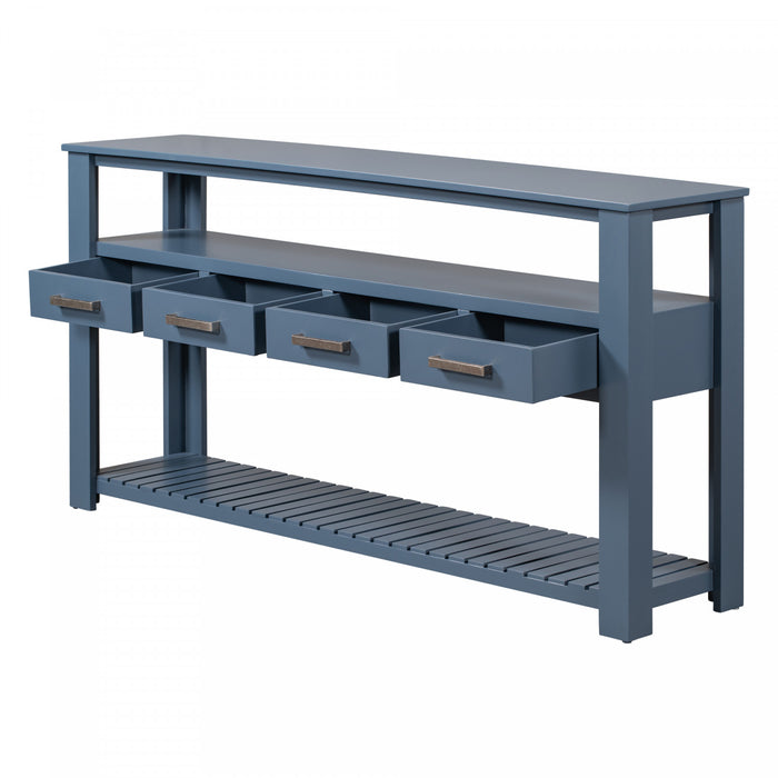 Table d'entree Ava 62,2'' avec tiroirs et etageres ouvertes, bleu marine