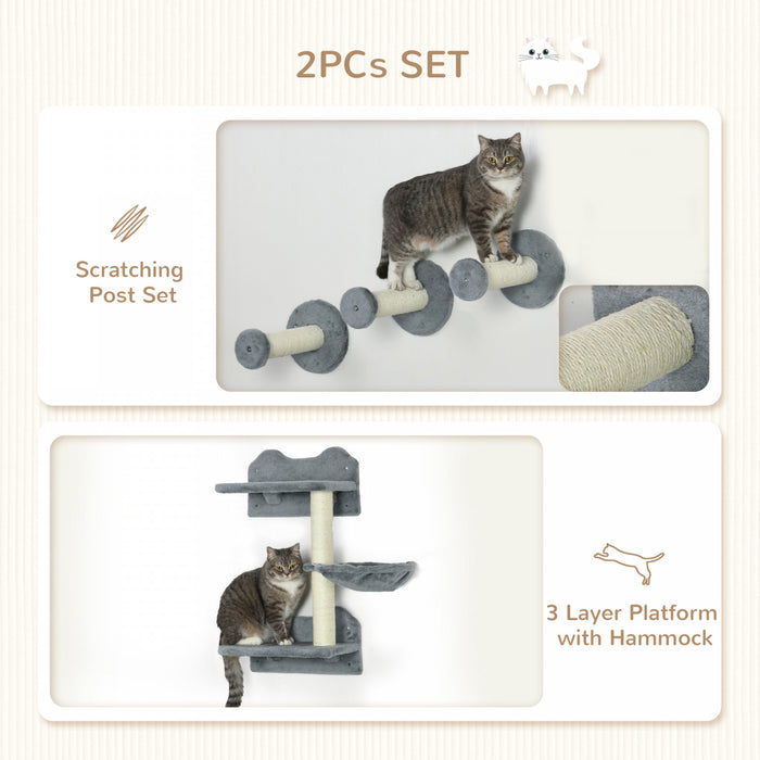Pawhut Lot De 4 Etageres Murales Pour Chat Avec Griffoirs, Hamac, Marches, Plateformes, Mobilier Mural Pour Chat Pour Se Detendre, Dormir, Sauter, Grimpeur Mural Pour Chat D'interieur, Gris