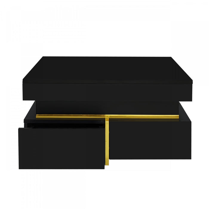 Ava Table Basse a Fini Haute Brillance avec Tiroirs de Rangement et Accents Dores, Noir
