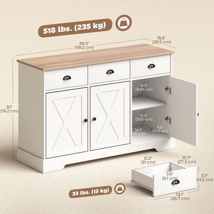 HOMCOM Buffet de 46.5\" avec 3 portes de style grange et 3 tiroirs, blanc