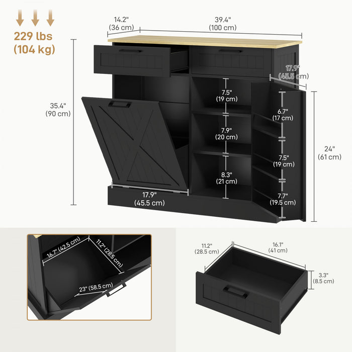 HOMCOM Poubelle inclinable, ilot de cuisine avec 2 tiroirs, noir