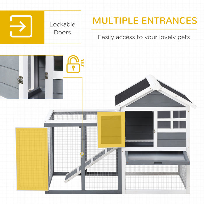 Pawhut 48\" Cage A Lapins Clapier En Bois Resistant Aux Intemperies Avec Toit Incline Et Enclos Exterieur Grillage, Gris