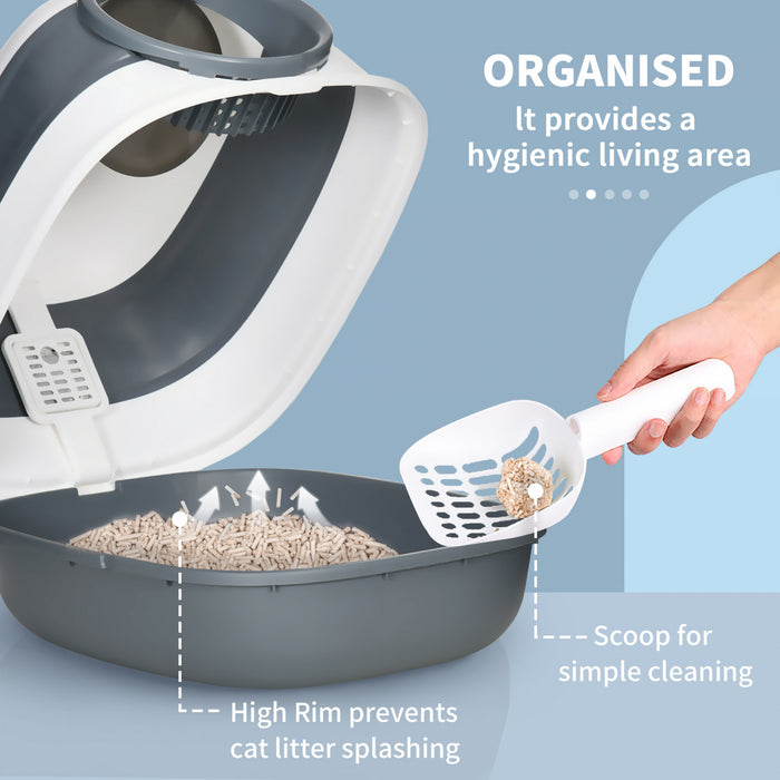Pawhut Bac A Litiere Pour Chat Avec Couvercle, Avec Cotes Hauts, Assainisseur D'air, Grand Bac A Litiere Pour Chat A Entree Bidirectionnelle, Pliable, Facile A Nettoyer, Blanc Et Gris