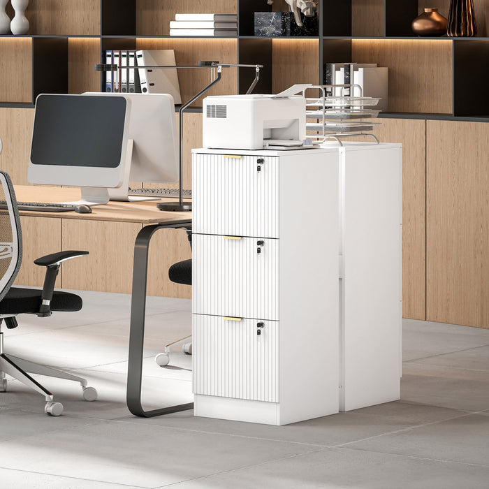 HOMCOM Classeur vertical cannele a 3 tiroirs avec serrure, blanc