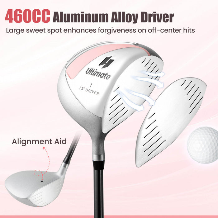 Ensemble De Clubs De Golf Pour Femmes, 3 Crosses De Golf En Bois, 5 Crosses De Golf En Fer, 1 Tige-poussoir Et 1 Sac De Balle, Grande Espace De Rangement Et Base Antiderapante