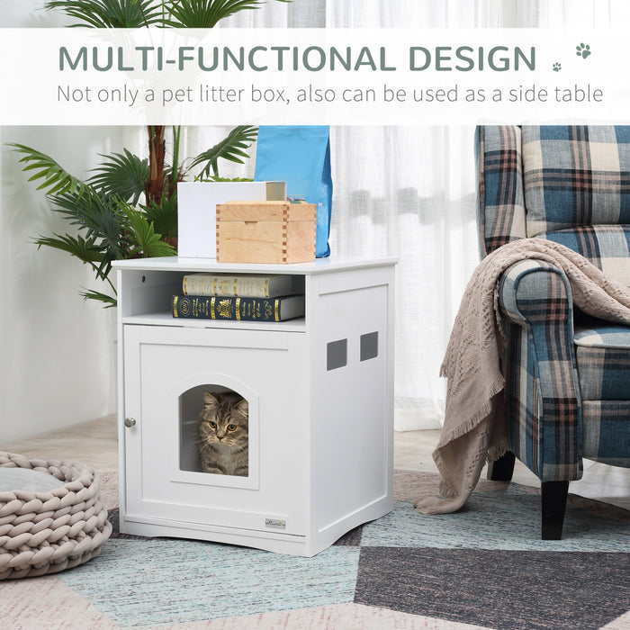Pawhut Boite A Litiere Pour Chat Armoire Cachee Meubles Pour Chat Toilettes D'interieur Pour Chat Table De Chevet Avec Trou De La Taille D'un Chat Large Etagere De Rangement Blanc