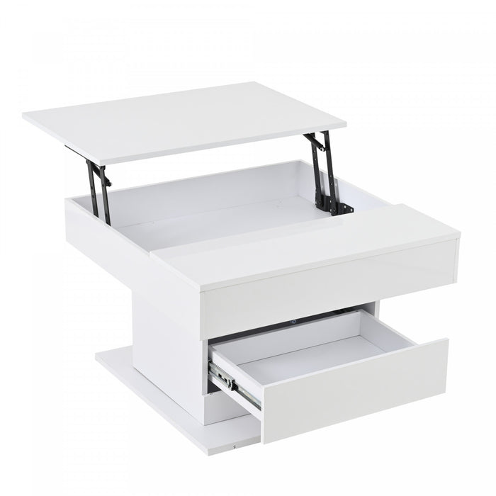 Noah table basse relevable et pivotante – table avec tiroir et espace de rangement, blanc