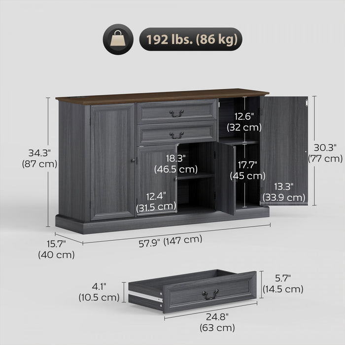 HOMCOM Buffet de style campagnard 58 po avec station de charge, noir