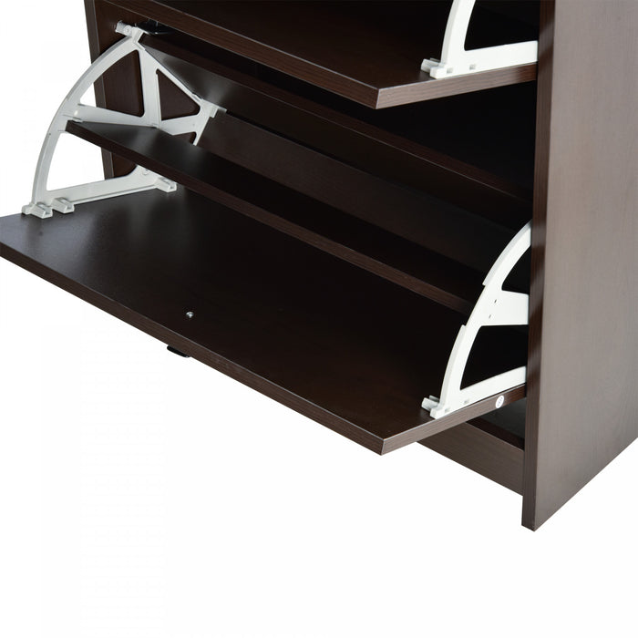 HOMCOM Armoire a Chaussures Etroite avec 3 Portes Battantes et Etagere Ouverte, Cafe