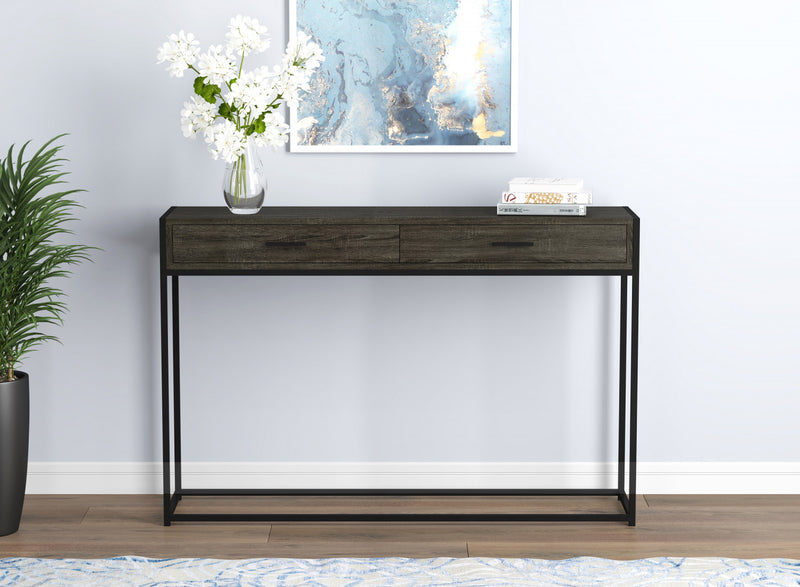 Console moderne de 48 po avec 2 tiroirs - bois gris foncé avec métal noir