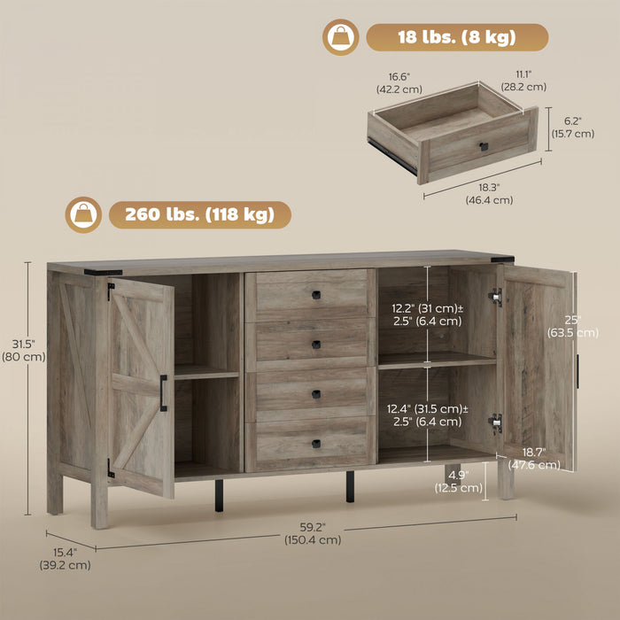 HOMCOM dBuffet e style ferme 59\" avec 2 portes de grange, gris