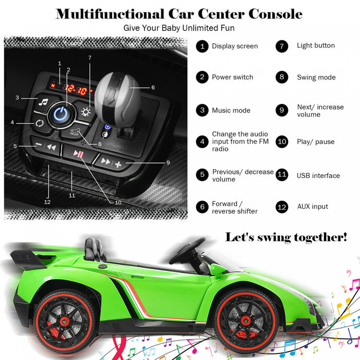 Costway 12v 2-siege Lamborghini Enfants Sous Licence Sur La Voiture W / RC & Swing Fonction Vert