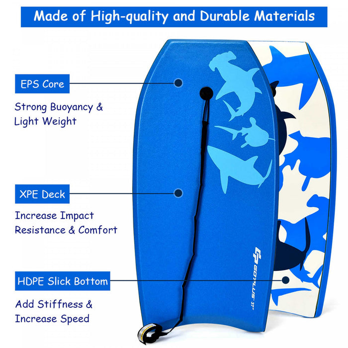 Planche De Bodyboard Surf 41 Pouces (105 X 51 X 6 Cm) Avec Sangle De 90 Cm Et Motif Requin Bleu Pour Debutant Enfant Adulte Xpe+hdpe 1,72kg