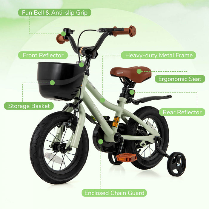 Costway 12\" Velo Pour Enfants Avec Roues D'entrainement Guidon Reglable Et Frein A Main Du Siege Vert