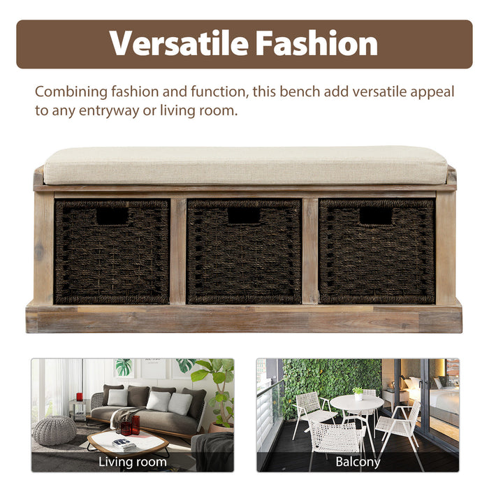 Banc De Rangement Leif En Bois Massif Avec Paniers En Rotin Et Assise Rembourree, Blanc