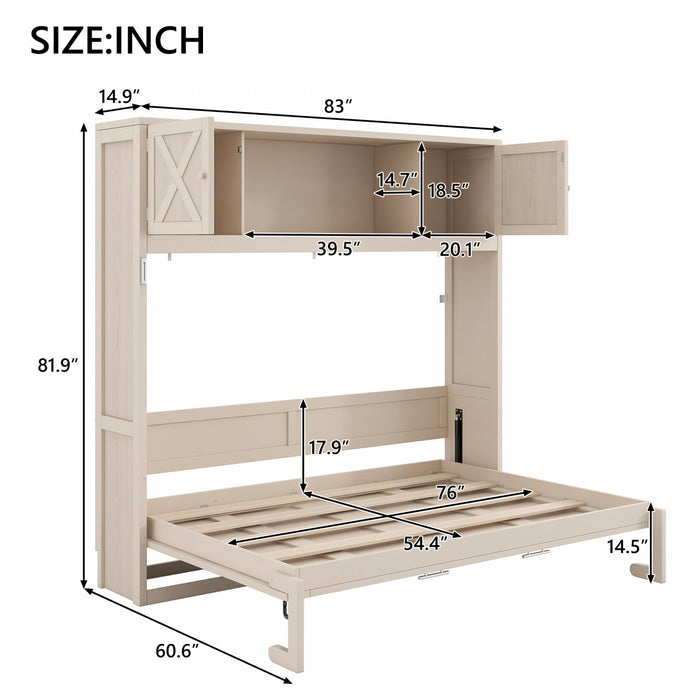 Lit escamotable Ethan en bois massif avec armoires de rangement, taille full, beige