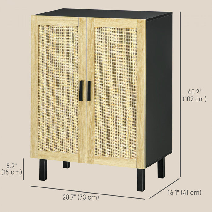 HOMCOM Buffet Boho avec portes en rotin, noir et naturel