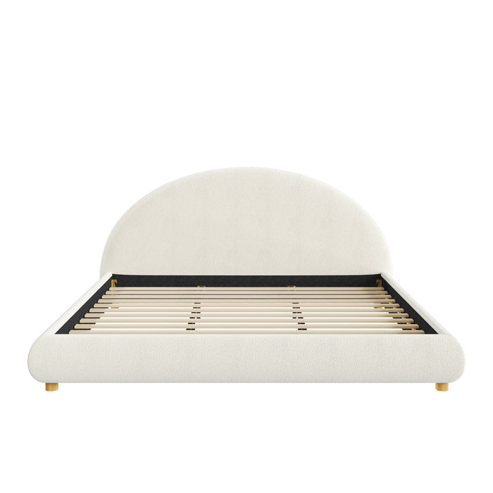 Lit plateforme Harold avec tete de lit incurvee ronde en tapisserie bouclee et cadre bas, taille King, blanc