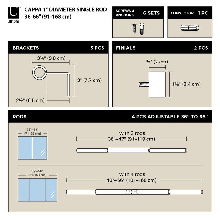  Tringle à rideaux extensible Cappa de Umbra nickel de 1 po - 36 po à 66 po