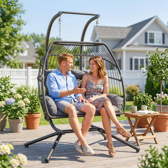 Outsunny Chaise double suspendue avec auvent, chaise hamac pliable, gris