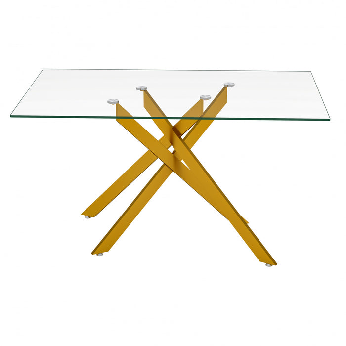 Table a manger rectangulaire en verre trempe de 51,18\" Ethan avec pieds metalliques elegants, doree