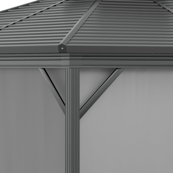 Outsunny 10' X 10' Tonnelle Acier Hardtop Gazebo Jardin Abri Soleil Avec Moustiquaire Et Rideaux Crochet De Suspension Cadre En Aluminium Noir