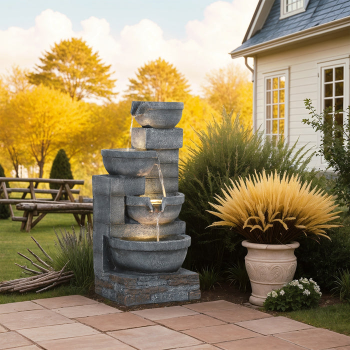 Outsunny Fontaine D'eau Avec Led, Cascade De Bols En Cascade, Gris