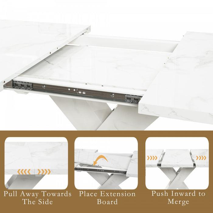 Table a manger rectangulaire moderne Lennon extensible de 47,24\" a 62,99\" avec plateau imprime marbre, blanc