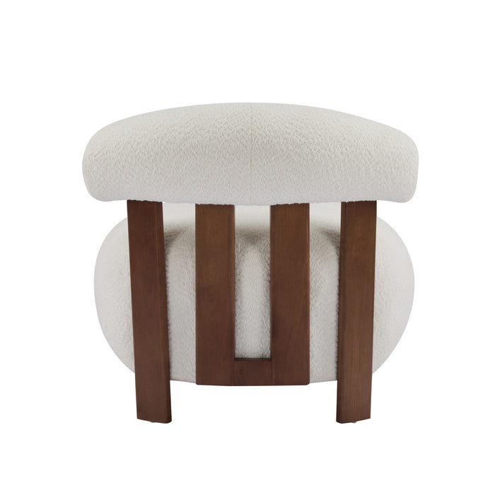 Nube Fauteuil d'Appoint Moderne en Bouclette a Dossier Courbe et Quatre Pieds, Blanc Casse, Noyer