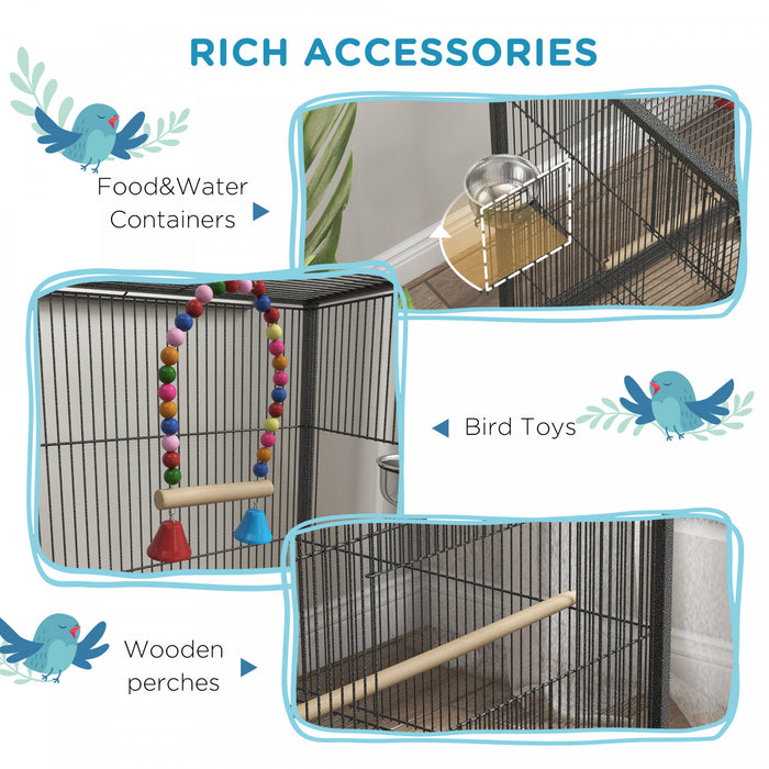 Pawhut Cage A Oiseaux 29\" Avec Support Roulant Pour Perroquets Et Pinsons, Grande Cage A Oiseaux Avec Balancoire Coloree, Bols En Acier Inoxydable, Plateau Amovible – Gris