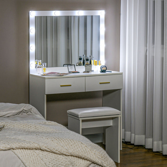 HOMCOM Ensemble de Coiffeuse et Tabouret avec Miroir Eclaire a LED, Blanc