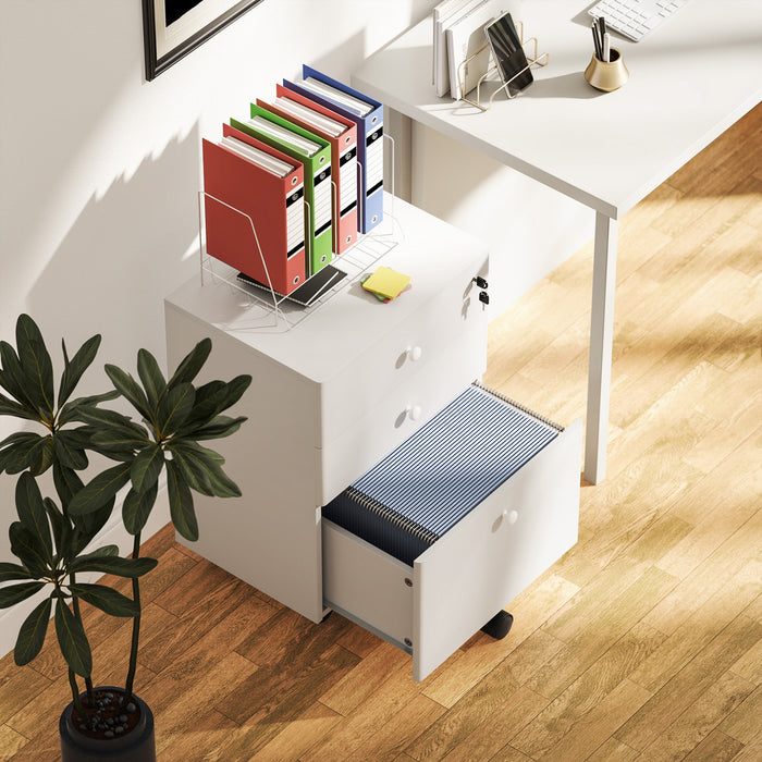 HOMCOM Classeur a 3 tiroirs avec serrure, classeur mobile, blanc