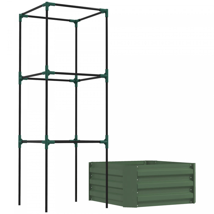 Outsunny Jardiniere Surelevee, 24\" X 24\" X 11.8\" Jardiniere Exterieure Galvanisee Avec 3 Niveaux De Treillis Cage A Tomates Et Fond Ouvert Pour Vignes Grimpantes, Legumes, Fleurs, Vert.