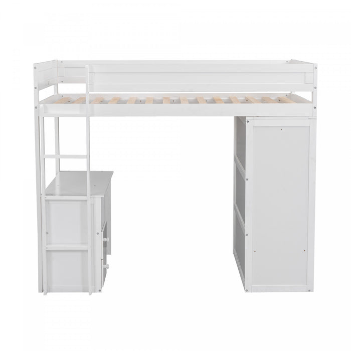 Lit Mezzanine En Bois Massif Jeffrey Avec Armoire, Bureau Et Tiroirs, Blanc