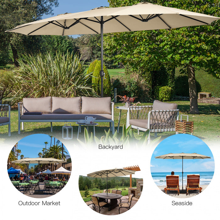 Parasol de patio jumeau double face Costway de 15 pieds, marche exterieur avec manivelle et base beige
