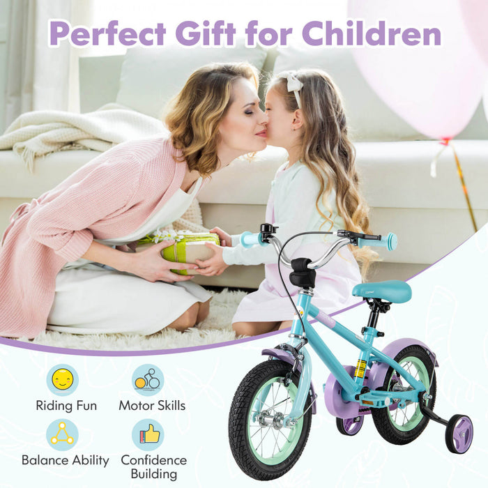 Costway 12\" Velo Pour Enfants Avec Guidon Reglable De Selle Roues D'entrainement Amovibles Frein A Main Bleu