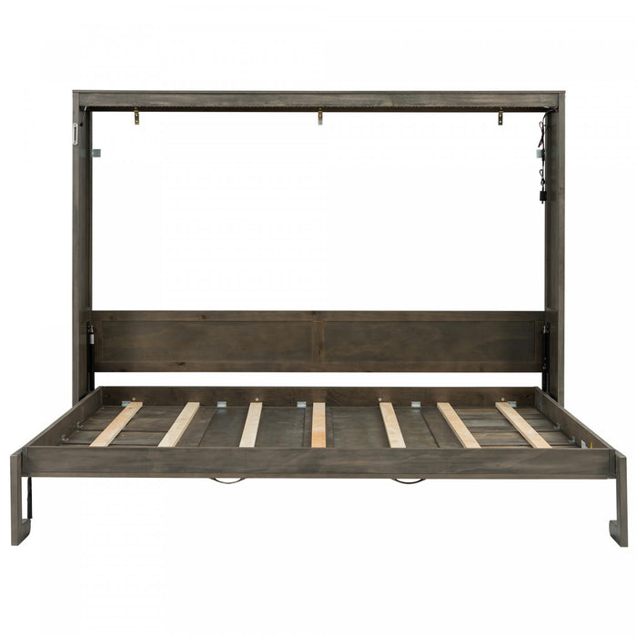 Lit escamotable Olivia en bois massif avec lumiere LED et armoire pliante, taille queen, marron
