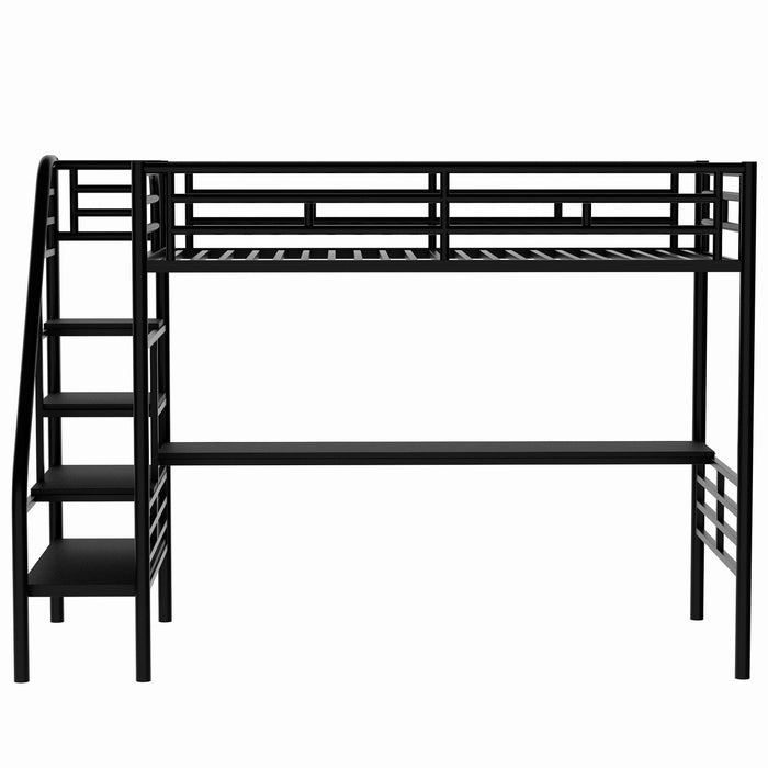 Cherry – Lit Mezzanine Simple En Metal, Design Compact Avec Bureau Et Eclairage Del – Noir